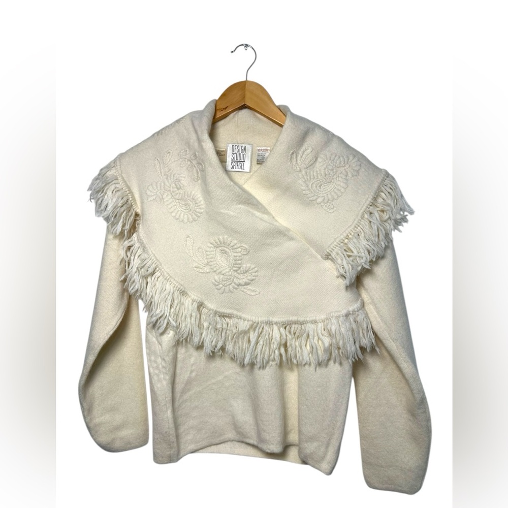 Vintage Cream Wool Embroidered Fringe Wrap Style Neck Sweater Unique Size Small